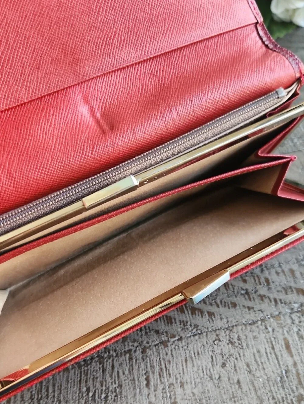 Givenchy Red Textured Leather Long Wallet with Gold Corner Accents